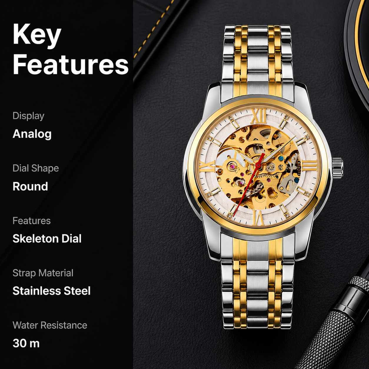 Luxury Skeleton Automatic Watch for Men Black Stainless Steel Strap, Blue Dial with Roman Numerals, Transparent Mechanical Design