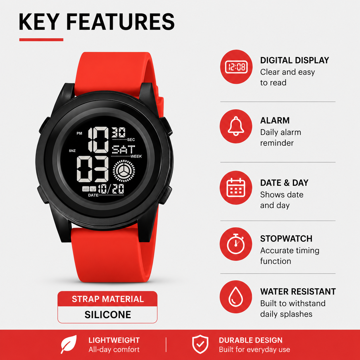 Rugged Digital Sports Wristwatch with Flexible Strap for men