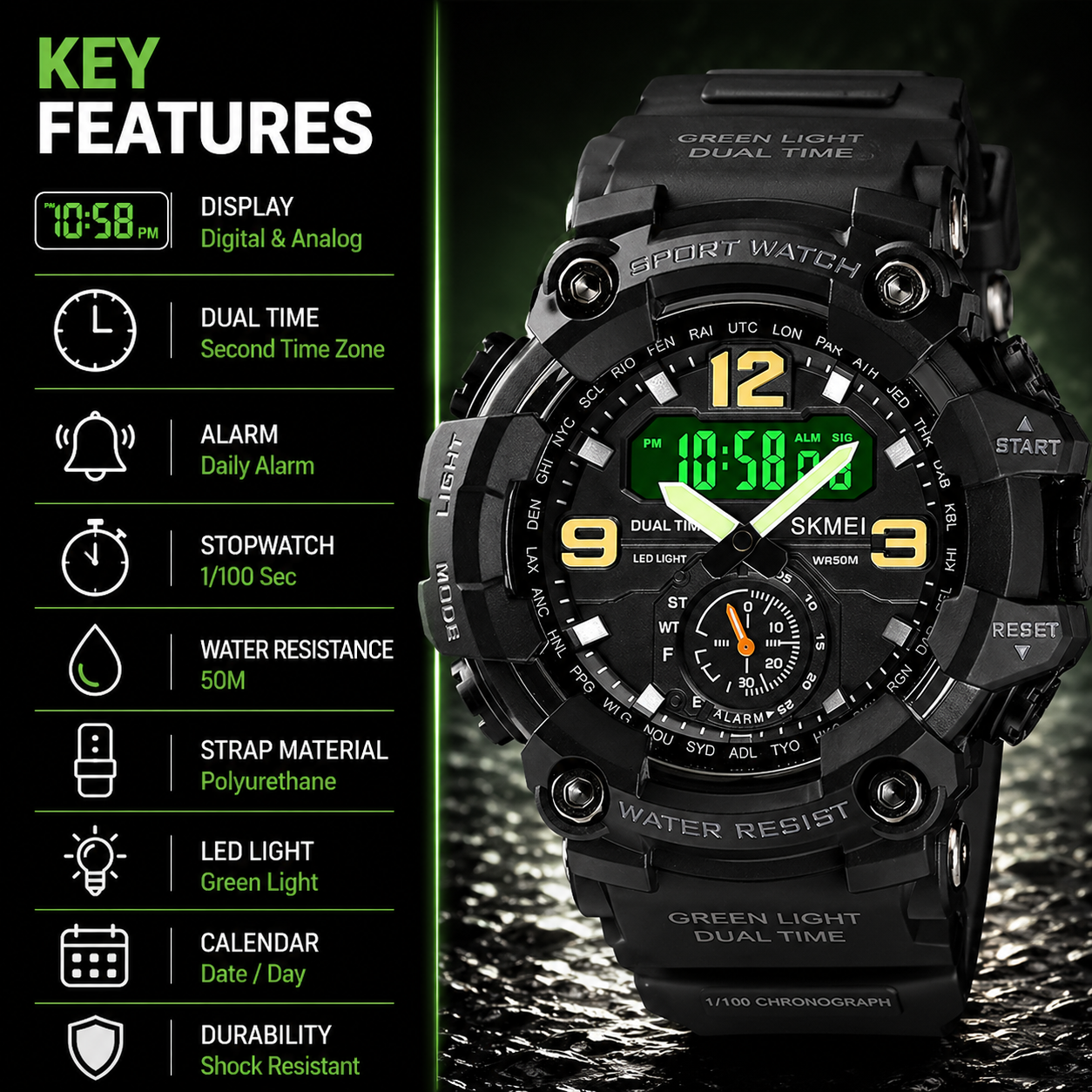 Premium Analog Digital Sports Watch for Men with Dual Time LED Display Alarm and Rugged Design