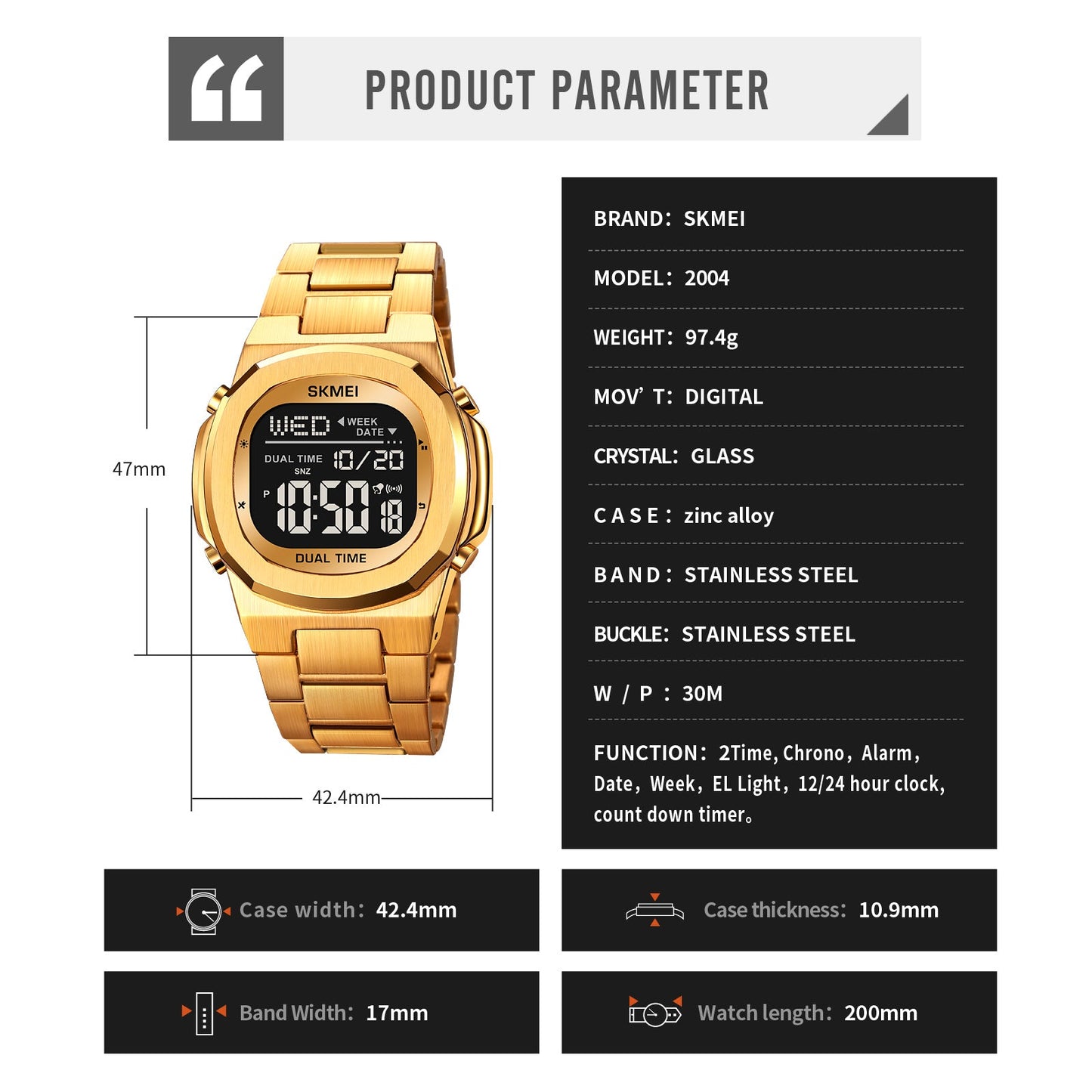 Skmei Digital Dial Stainless Steel Strap Watch for Men - 2004