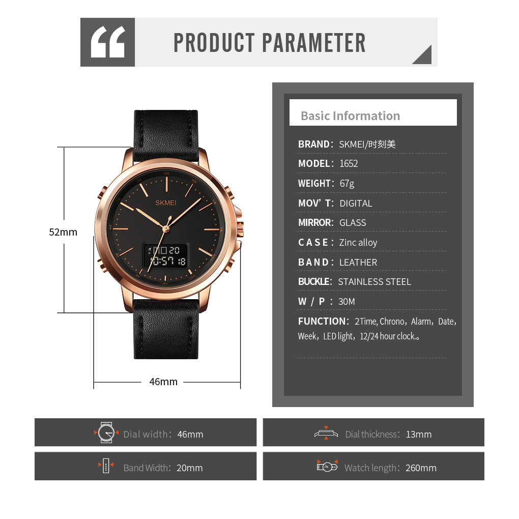 Skmei Analog-Digital Dial Leather Strap Watch for Men - 1652