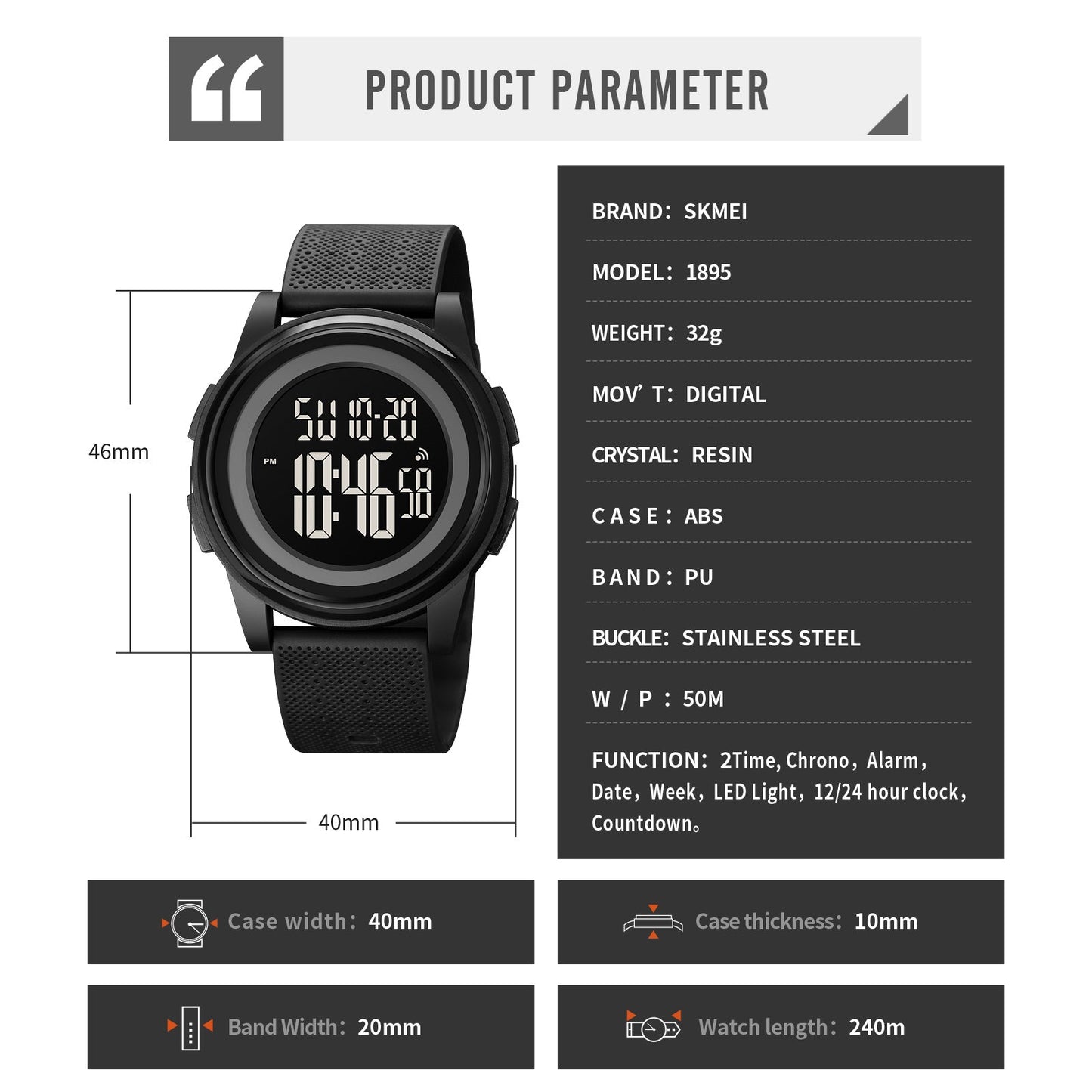 Skmei Digital Dial PU Strap Watch for Men - 1895