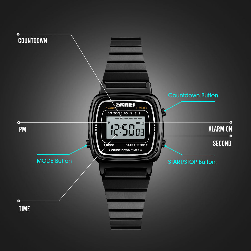 Skmei Digital Dial Stainless Steel Strap Watch for Women - 1901