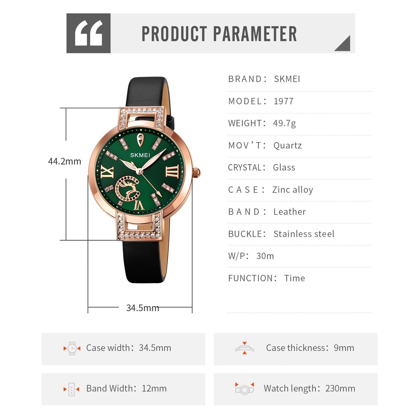 Skmei Quartz Analog Green Dial Leather Strap Watch for Women - 1977