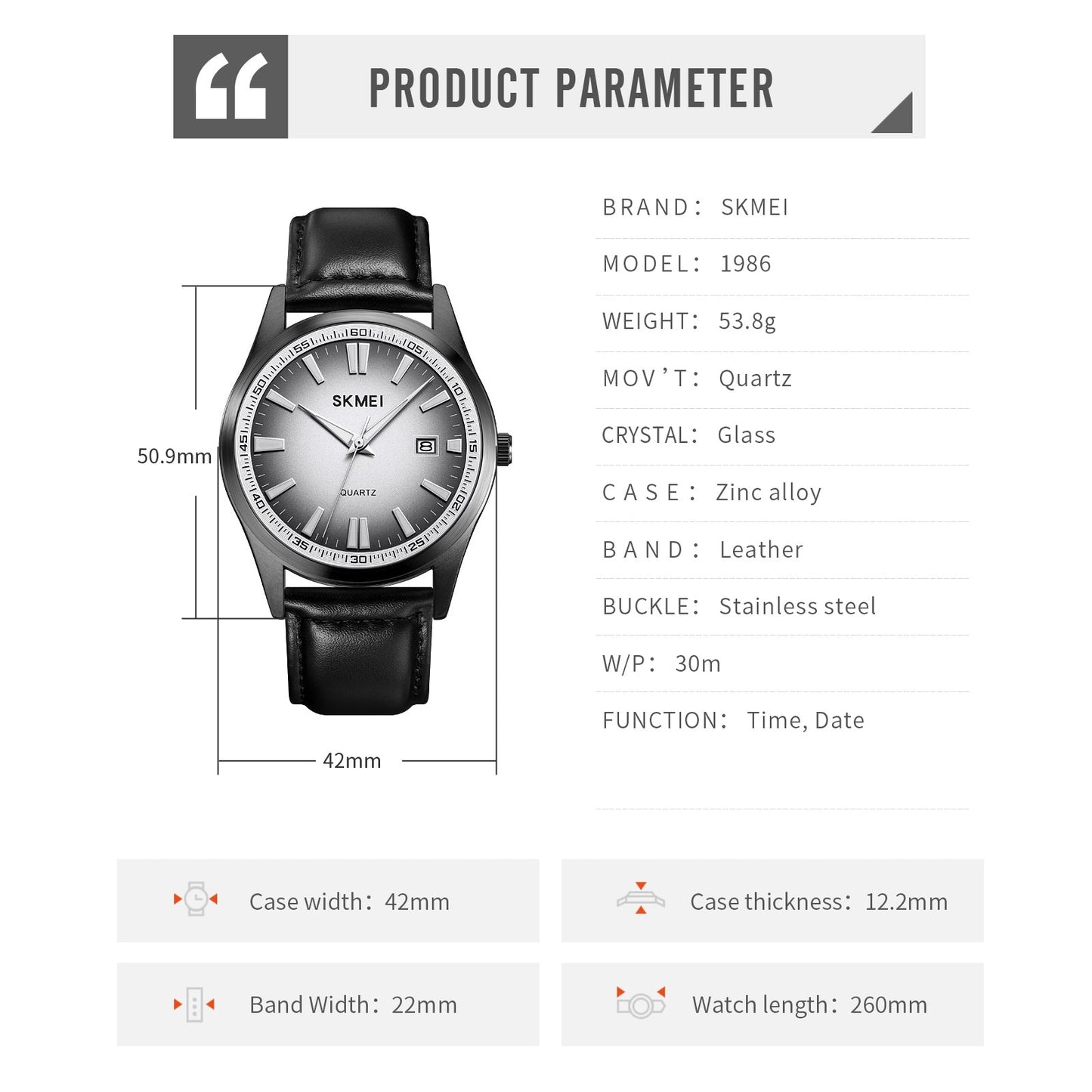 Skmei Quartz Analog Light Dial Leather Strap Watch for Men - 1986