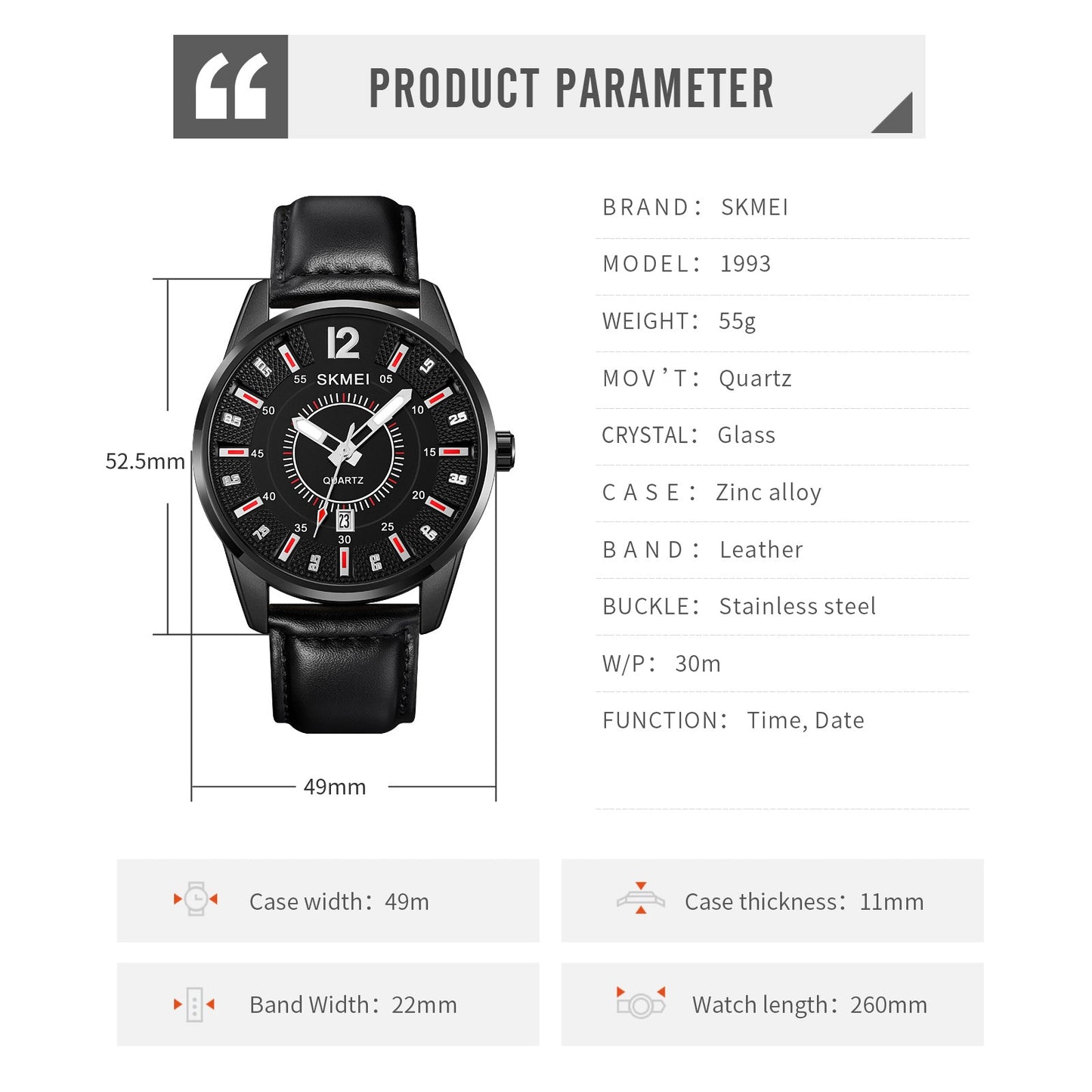 Skmei Quartz Analog Dial Leather Strap Watch for Men - 1993