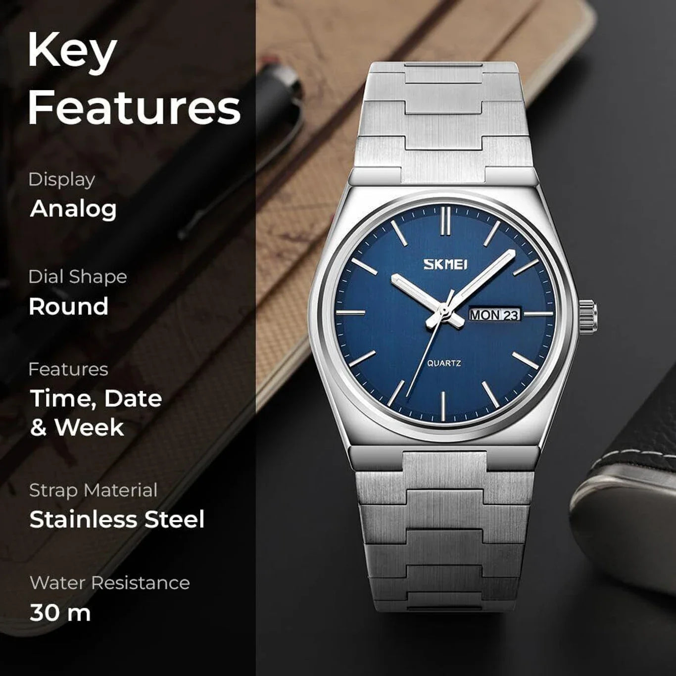 Men's Analog Quartz Stainless Steel Watch All-in-one Fashion, Water Resistant, Supply Calendar Week