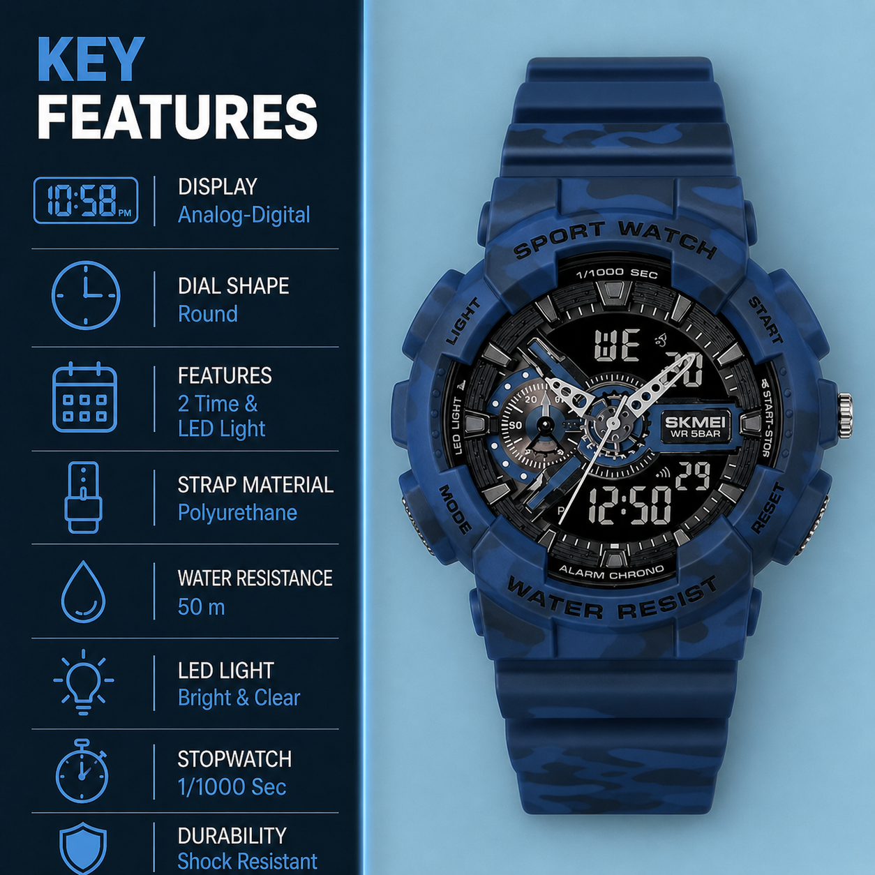 Analog-Digital Sports Watch Multifunction LED Display Alarm, Stopwatch, Day-Date Water Resistant Durable Watch for Boys & Girls