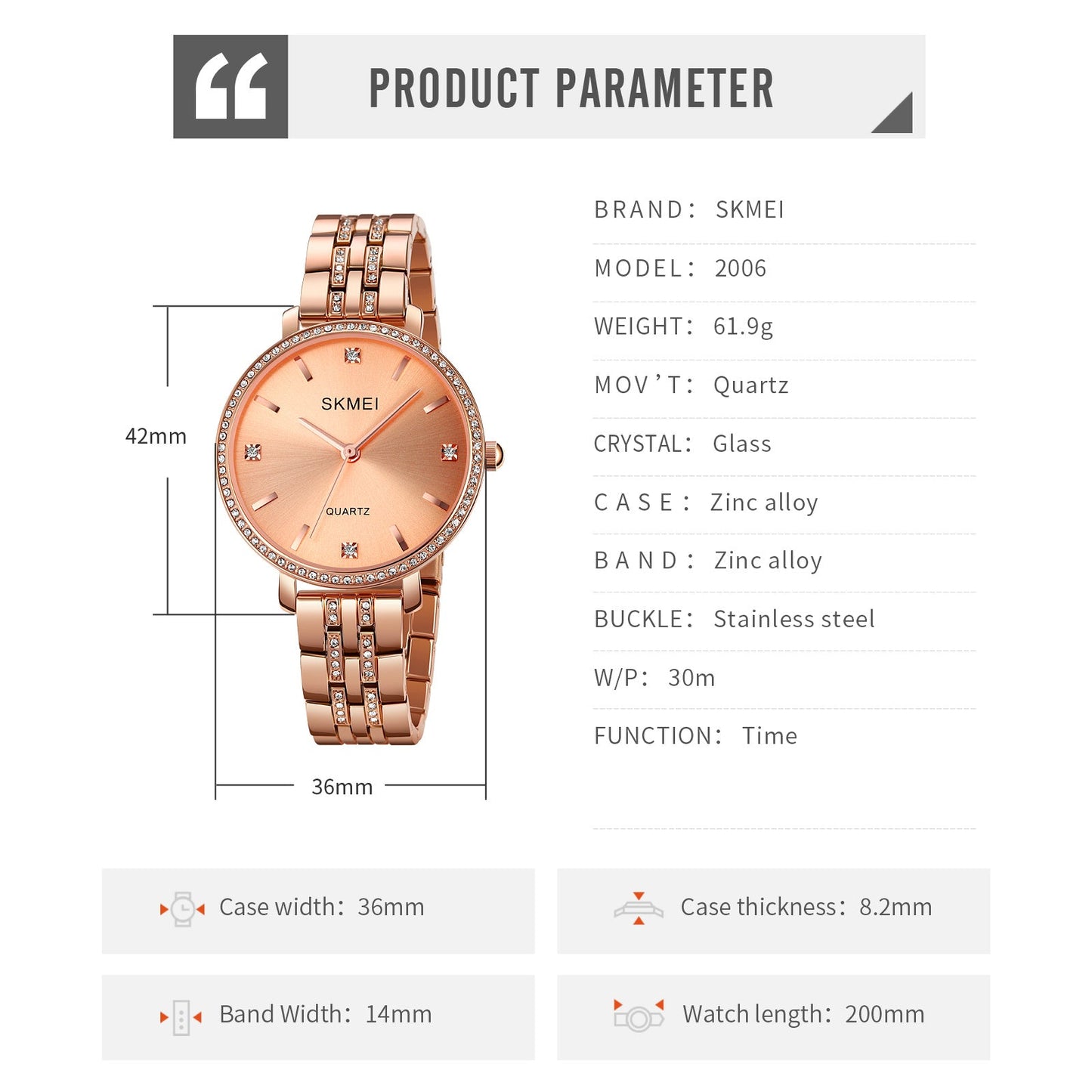 Skmei Quartz Analog Rose Dial Zinc Alloy Strap Watch for Women - 2006