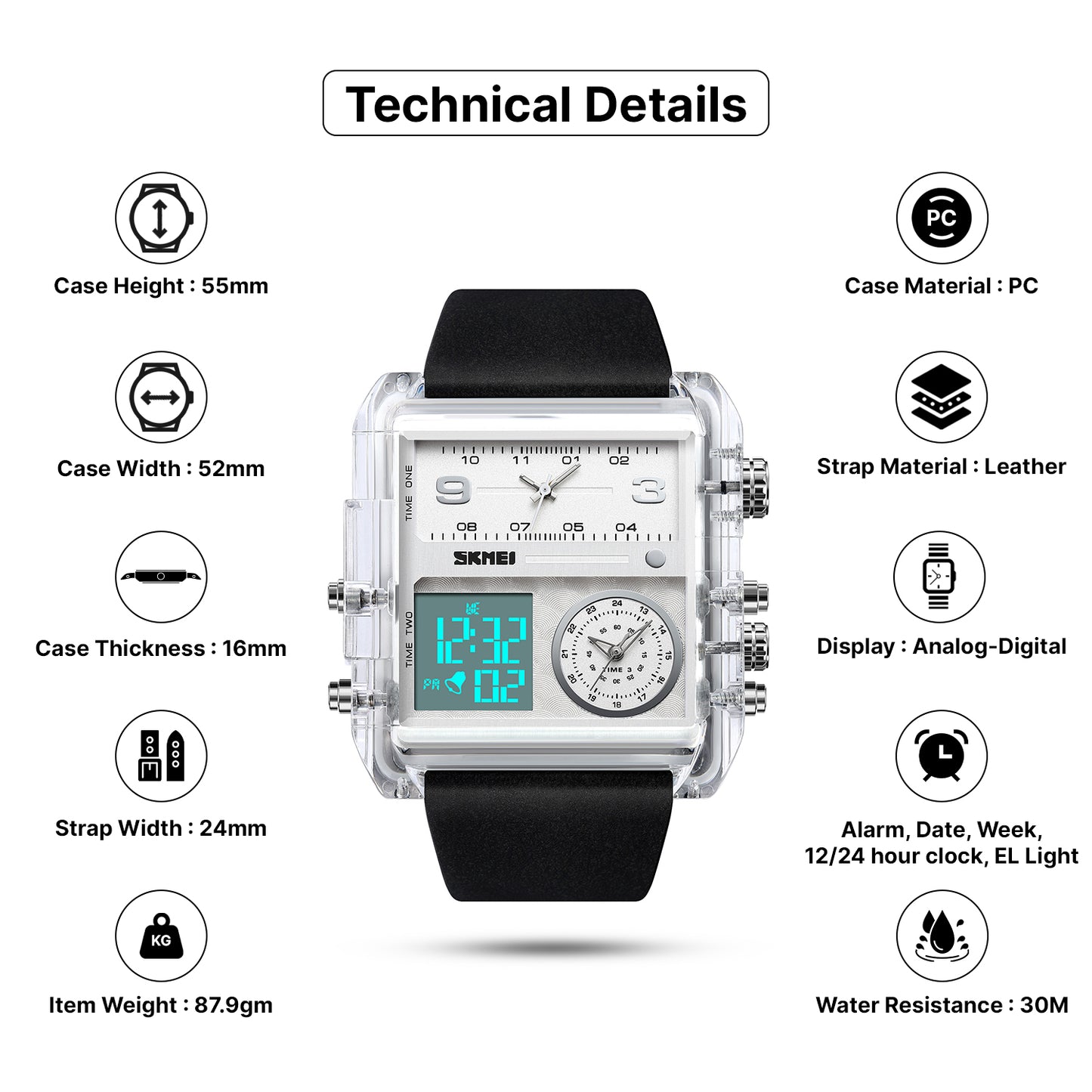 Skmei Analog-Digital Dial Leather Strap Watch for Men - 2020