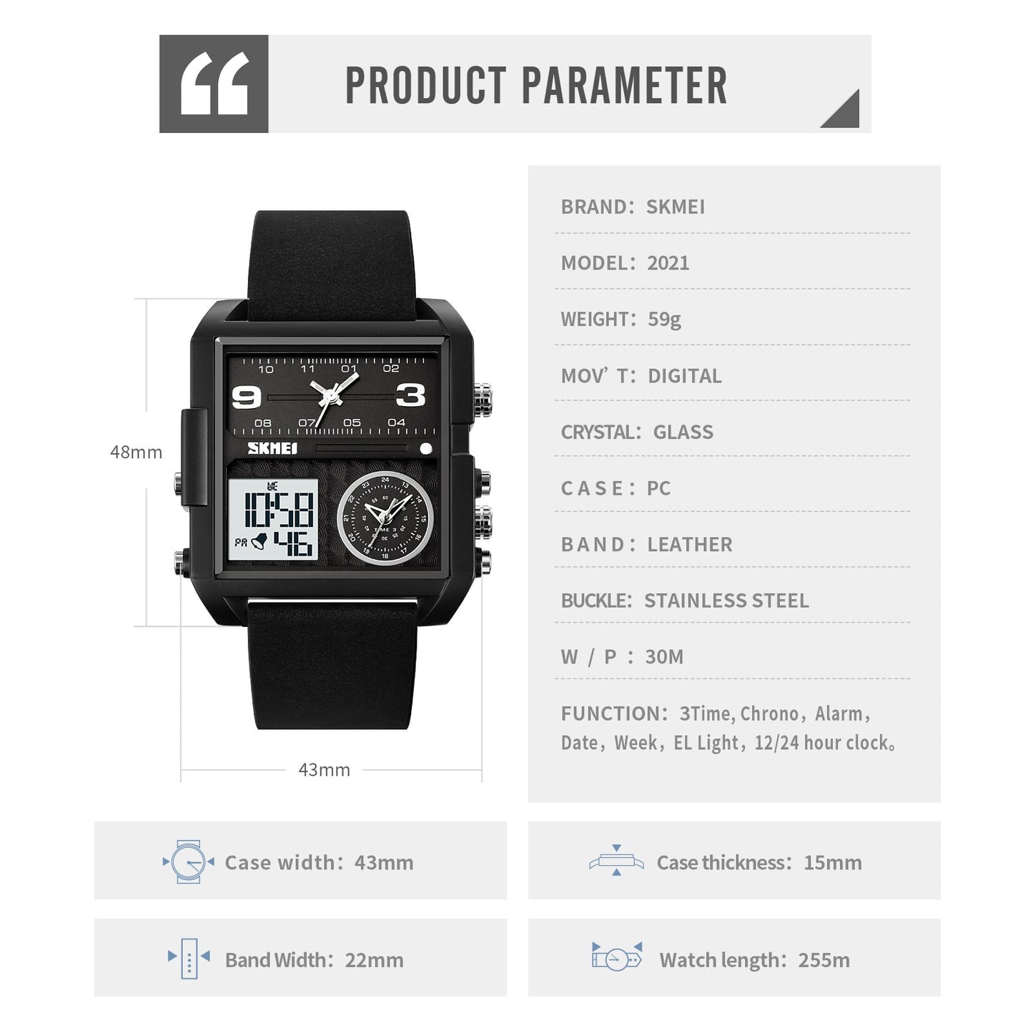 Skmei Digital Dial PU Strap Watch for Men - 2021