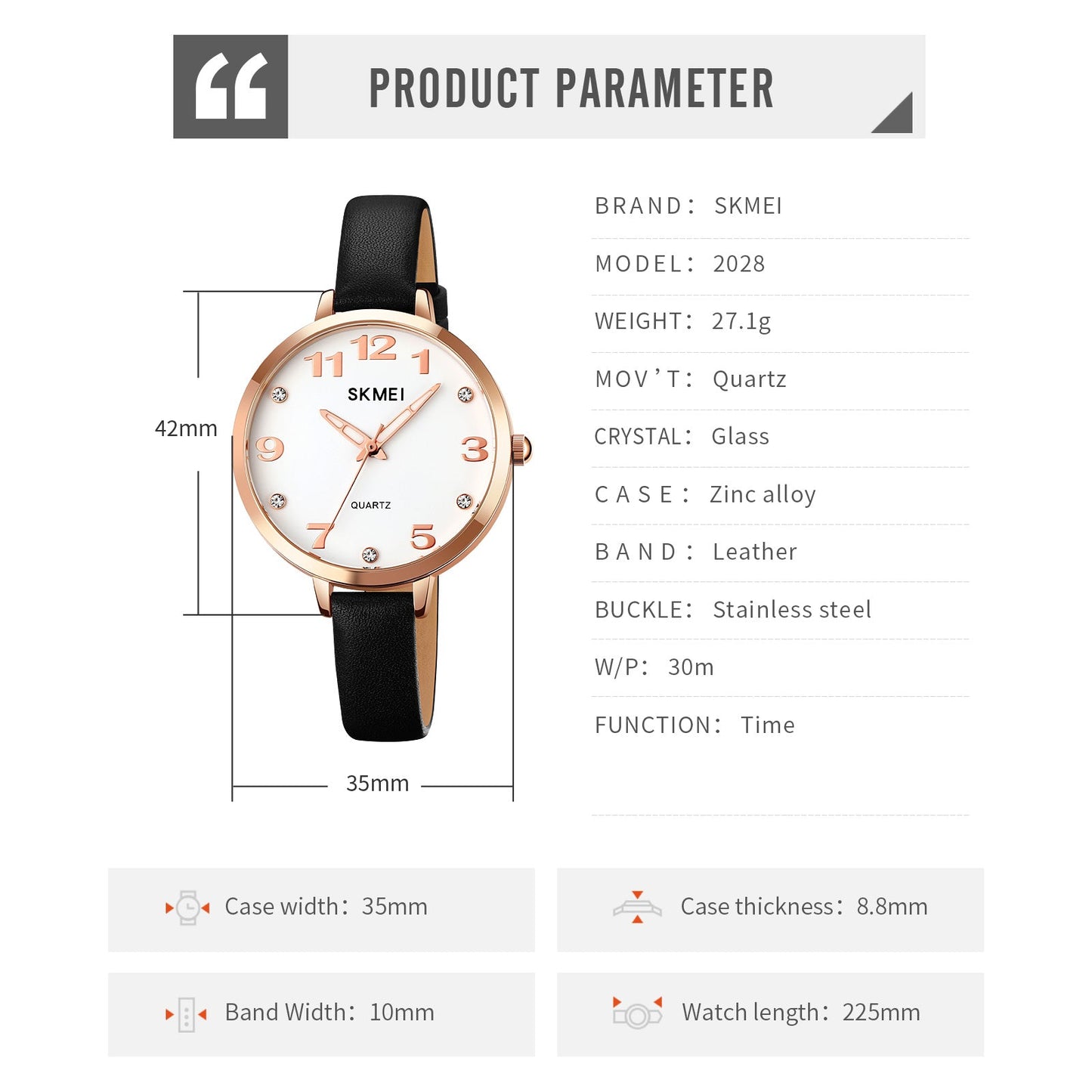 Skmei Quartz Analog Dial Leather Strap Watch for Women - 2028