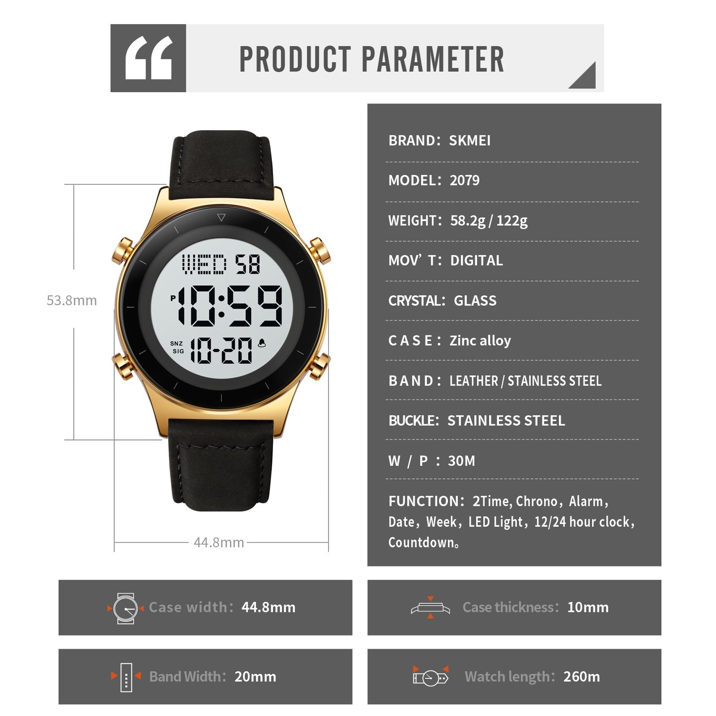 Skmei Digital Dial Leather Strap Watch for Men - 2079