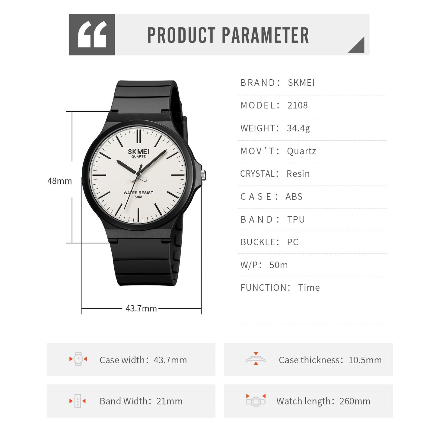 Skmei Quartz Analog Dial TPU Strap Watch for Men - 2108