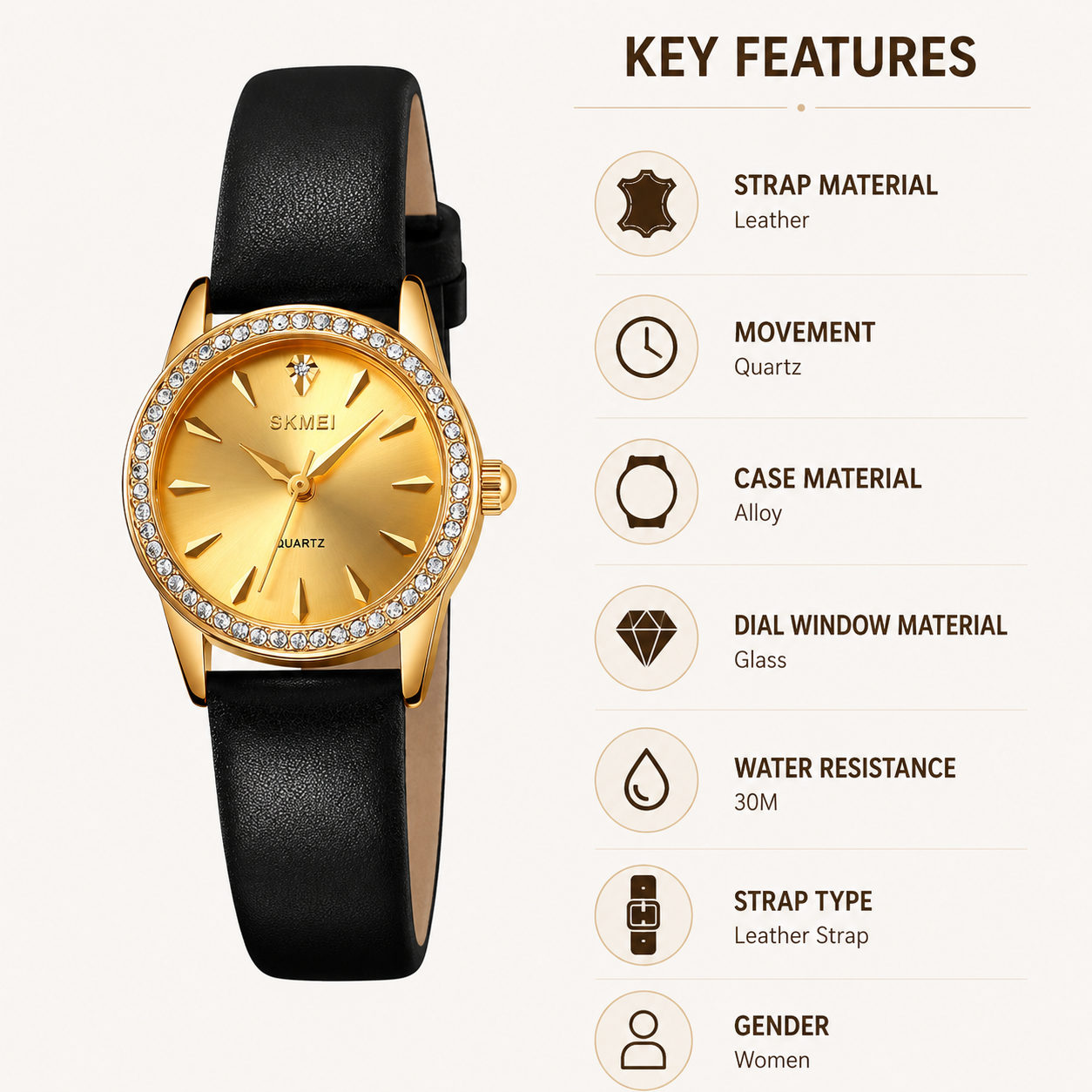 Elegant Crystal Dial Analog Wrist Watch with Leather Strap for women