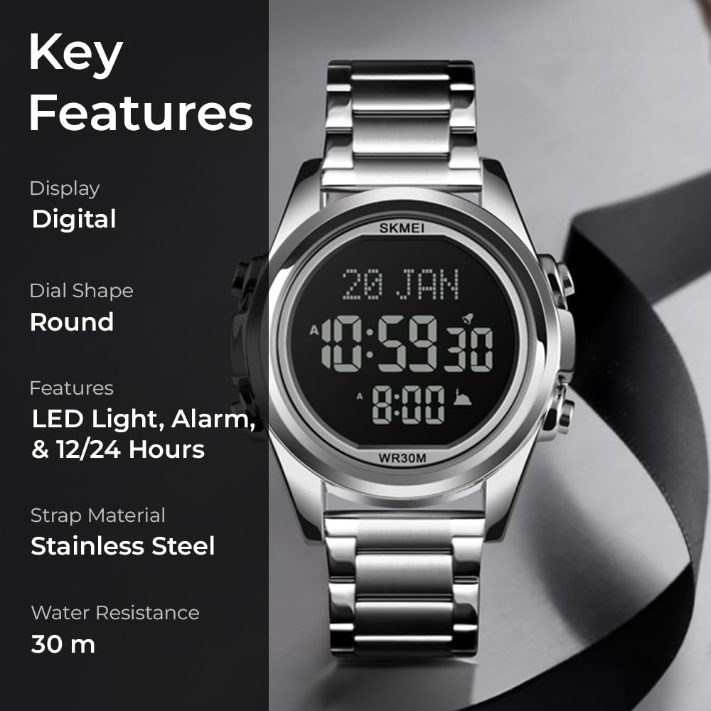 Digital Display White Dial Zinc Alloy Men's Stainless Steel Black Color Stylish Watch