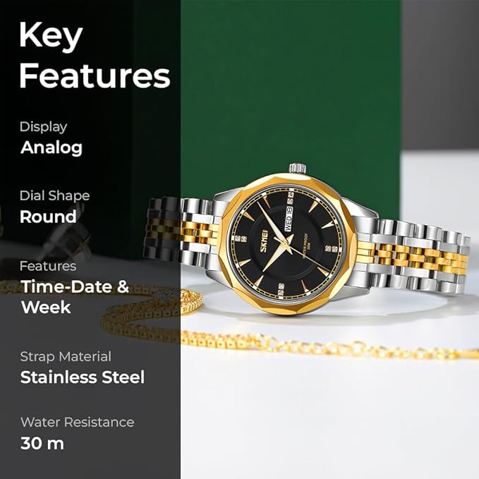 Minimalist Stainless Steel Watch with Date Week Display Simple dial Push-Button Clasp