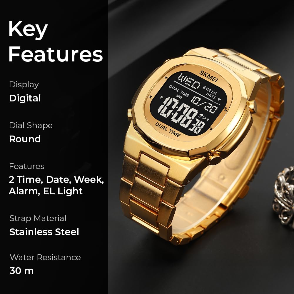 Premium Digital Sports Watch for Men with Stainless Steel Strap, Waterproof Style Wrist Watch for Casual Outdoor and Daily Wear