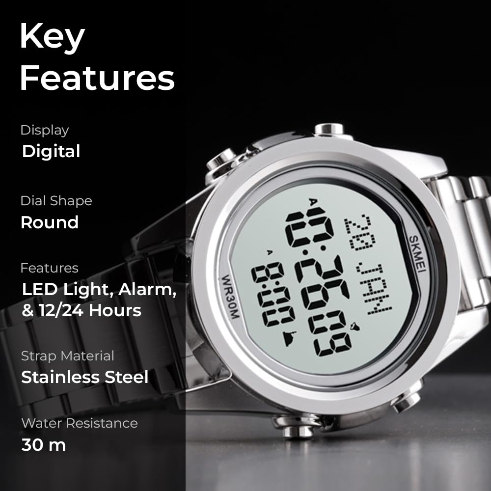 Digital Display White Dial Zinc Alloy Men's Stainless Steel Black Color Stylish Watch