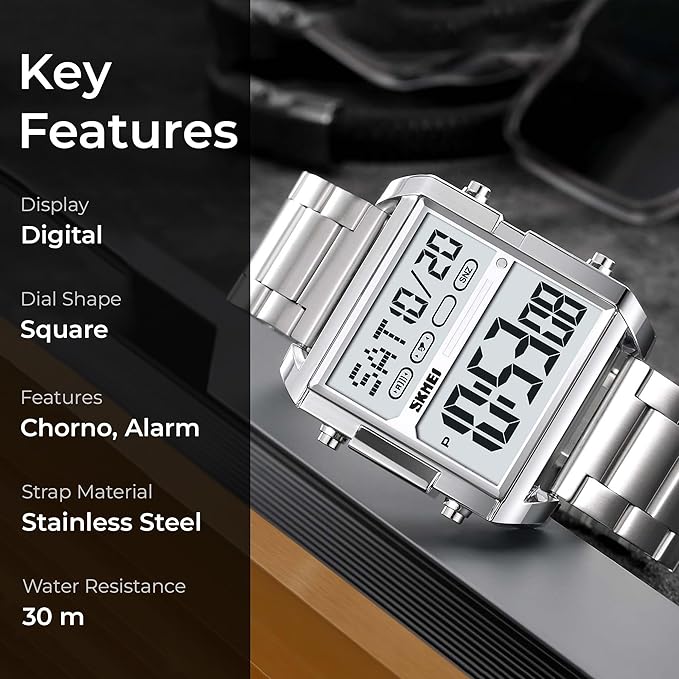 Digital Display Metal Strap Wrist Watch for men