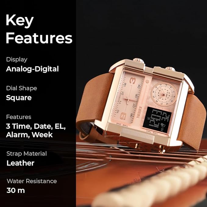 Multi Display Analog Digital Wrist Watch with Leather Strap For Men