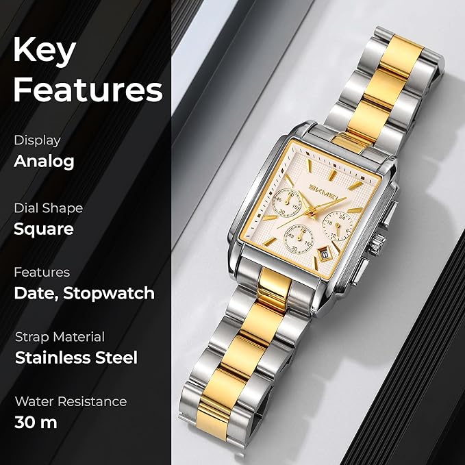 Classic Rectangular Analog Wrist Watch with Date Display and Metal Strap for men