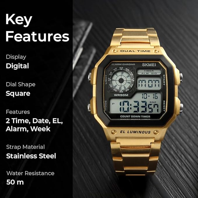 Premium Digital Watch for Men with Square Dial Dual Time Alarm Stopwatch and Metal Strap
