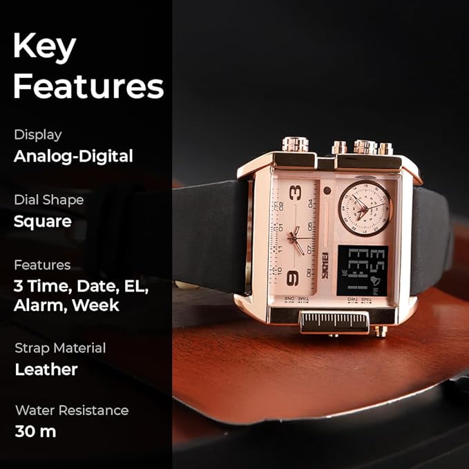 Multi Display Analog Digital Wrist Watch with Leather Strap For Men
