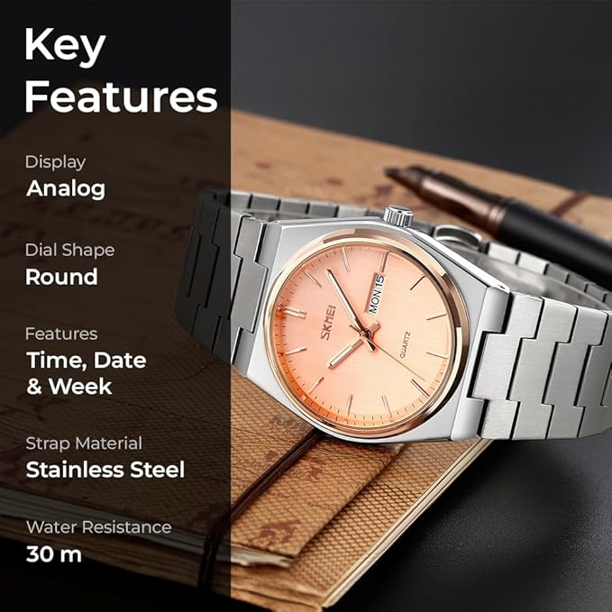 Men's Analog Quartz Stainless Steel Watch All-in-one Fashion, Water Resistant, Supply Calendar Week
