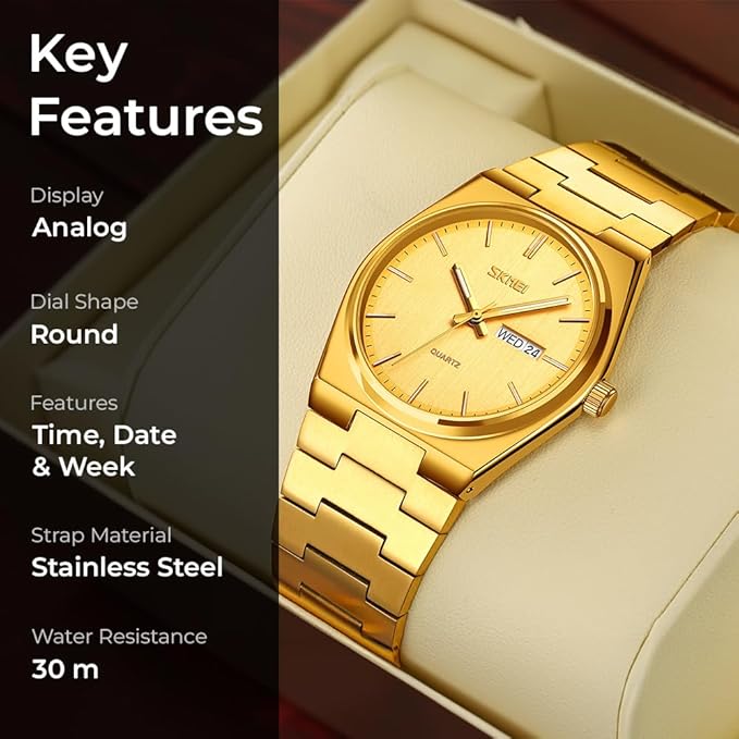 Men's Analog Quartz Stainless Steel Watch All-in-one Fashion, Water Resistant, Supply Calendar Week