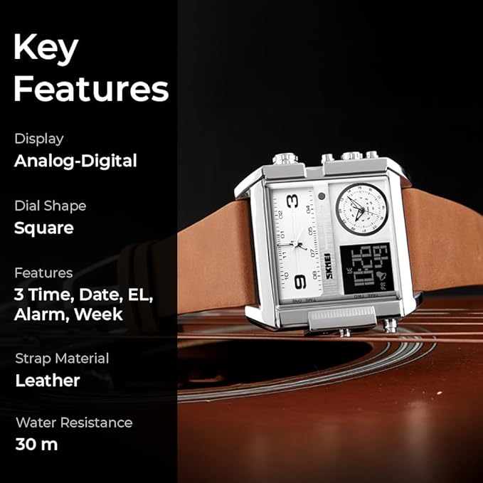 Multi Display Analog Digital Wrist Watch with Leather Strap For Men