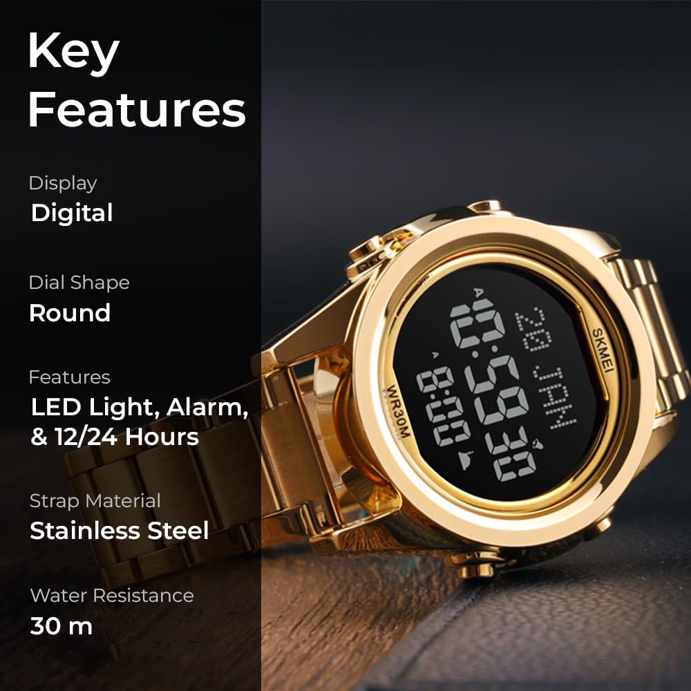 Digital Display White Dial Zinc Alloy Men's Stainless Steel Black Color Stylish Watch