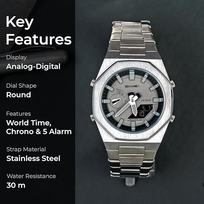 Analog-Digital Watch for Men with Silver Metal Strap and Round Dial for Casual & Formal Wear