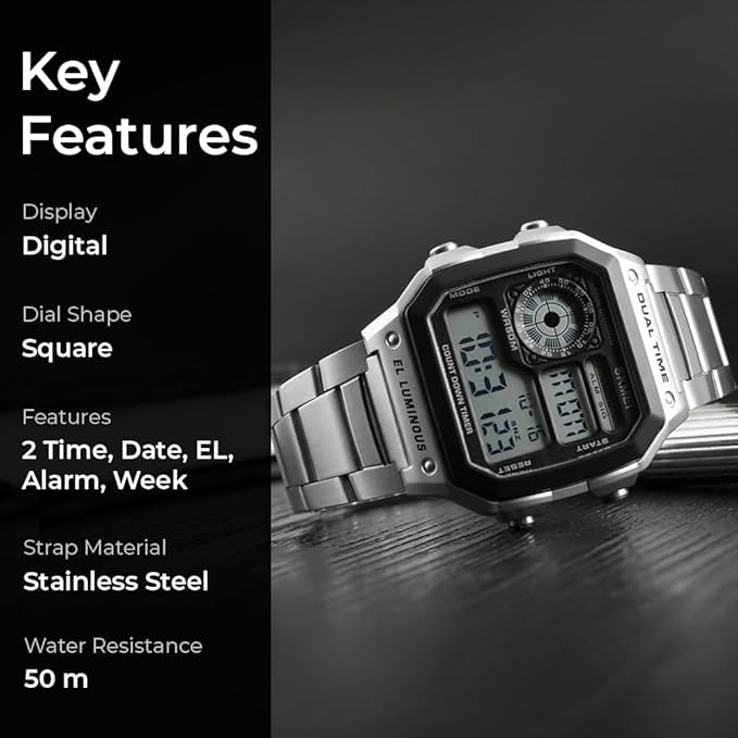 Premium Digital Watch for Men with Square Dial Dual Time Alarm Stopwatch and Metal Strap
