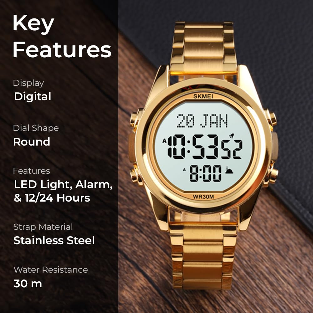 Digital Display White Dial Zinc Alloy Men's Stainless Steel Black Color Stylish Watch