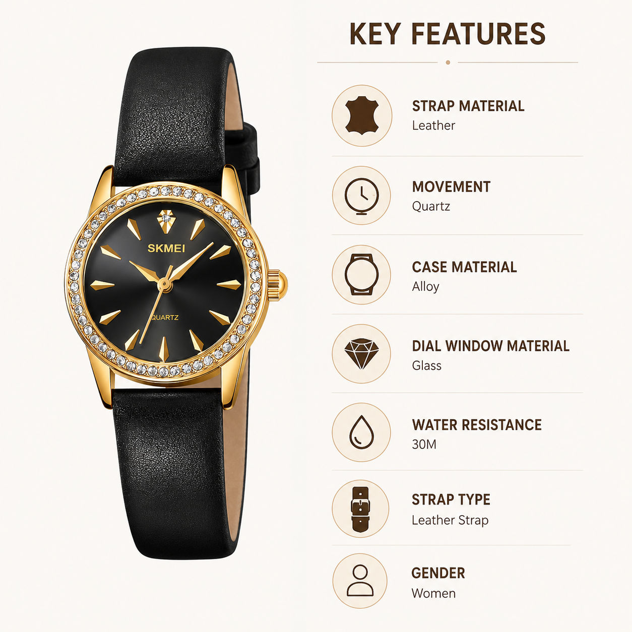 Elegant Crystal Dial Analog Wrist Watch with Leather Strap for women