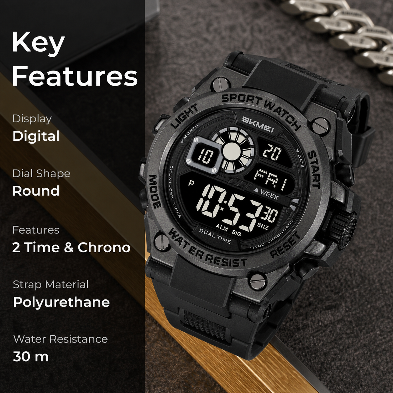 Rugged Digital Sports Watch with Dual Time Display for men