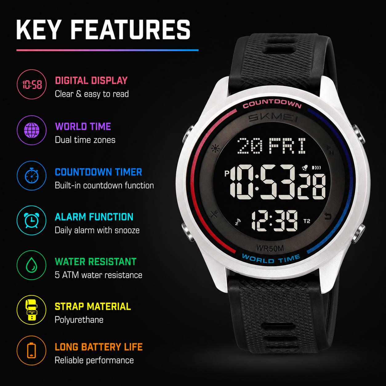 Digital Sports Wrist Watch with Silicone Strap for men