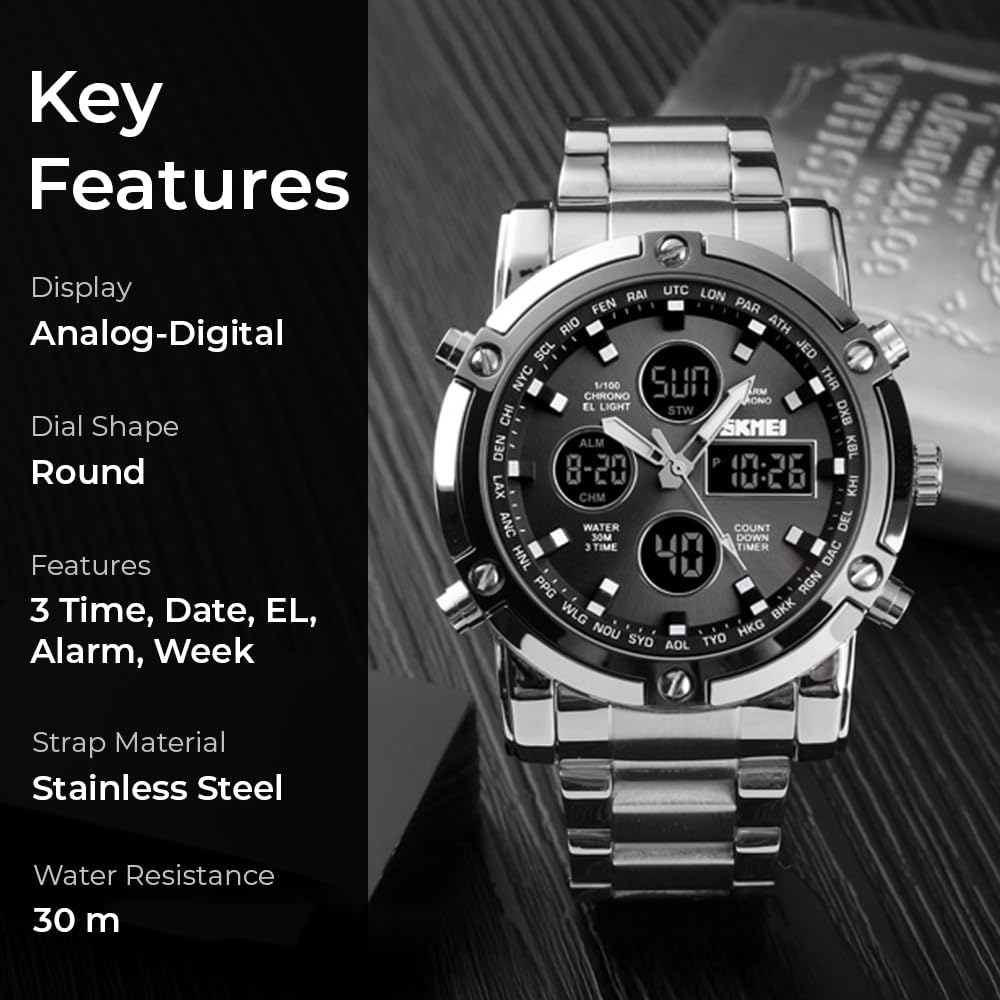 Luxury Analog Digital Stainless Steel Watch for Men with Dual Time Display and Premium Business Style