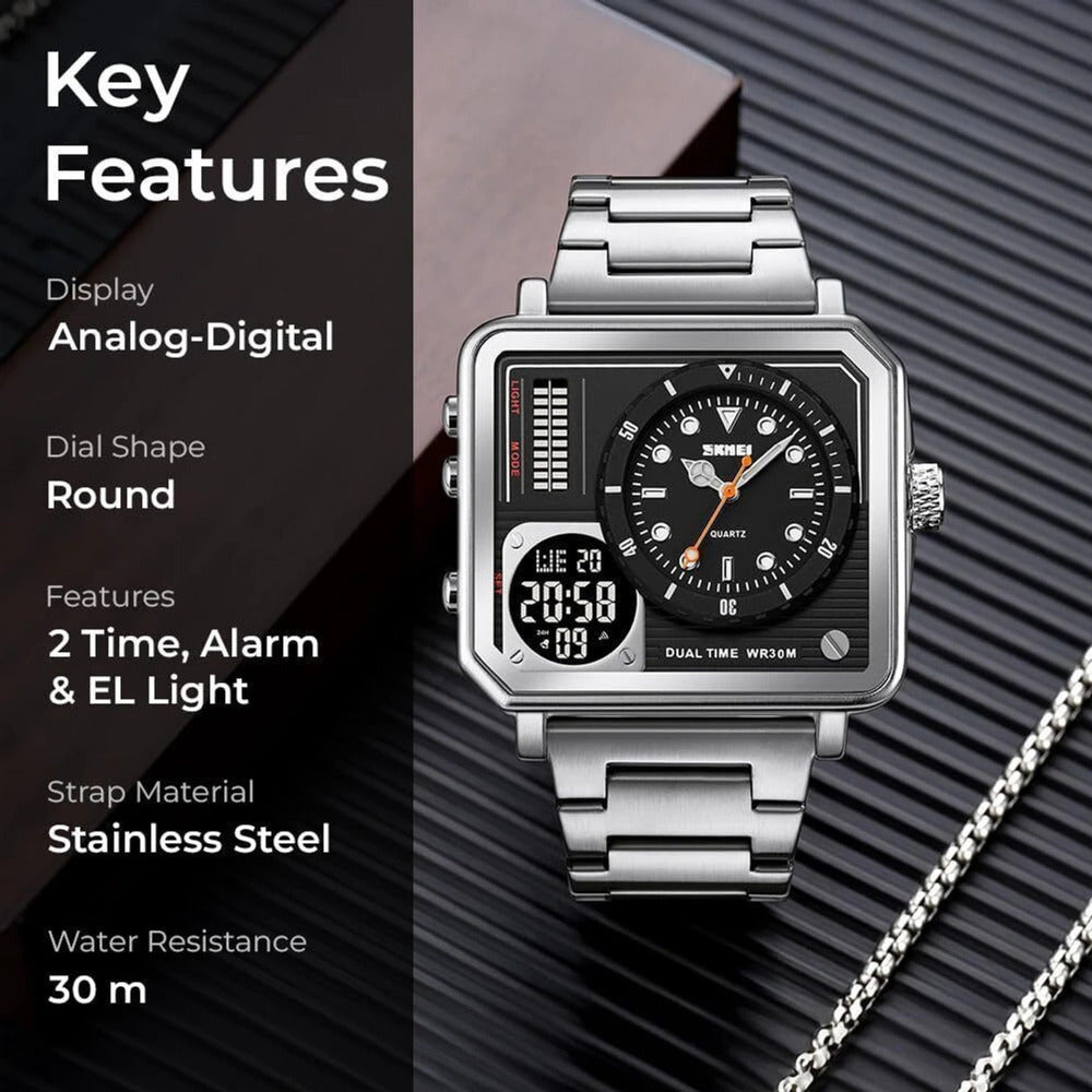 Dual Display Square Dial Wrist Watch with Metal Strap For Men