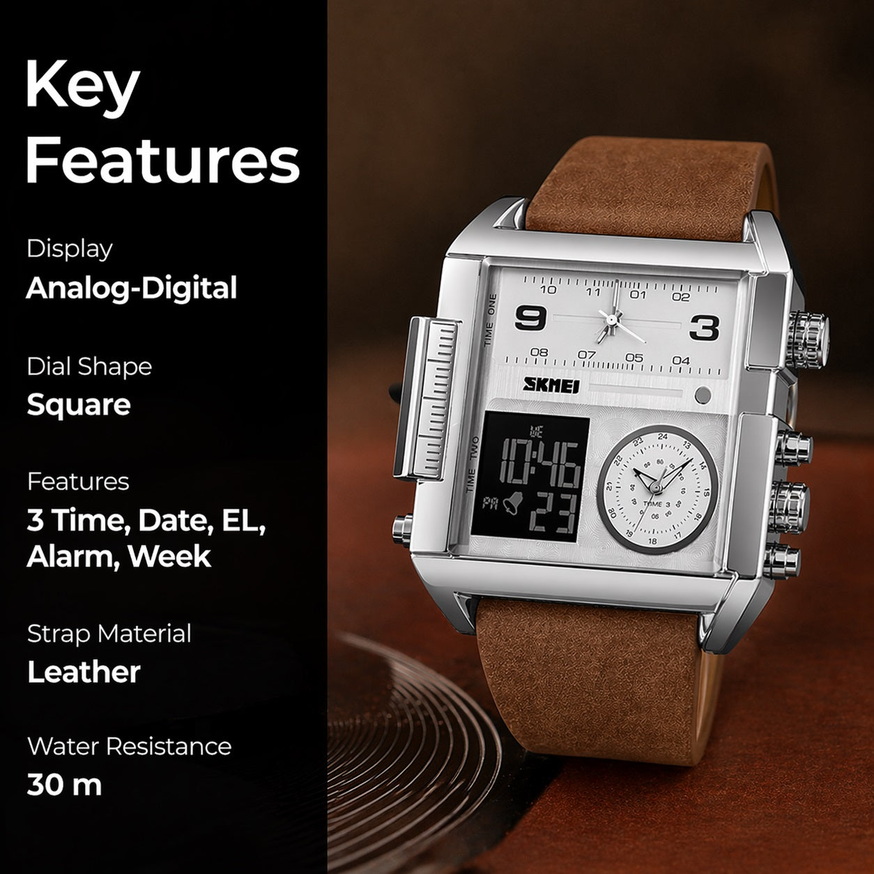 Multi Display Analog Digital Wrist Watch with Leather Strap For Men