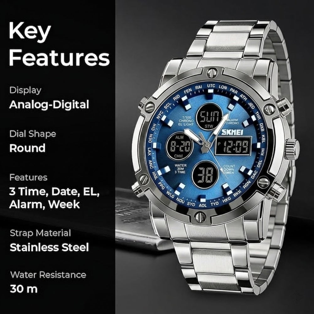 Luxury Analog Digital Stainless Steel Watch for Men with Dual Time Display and Premium Business Style