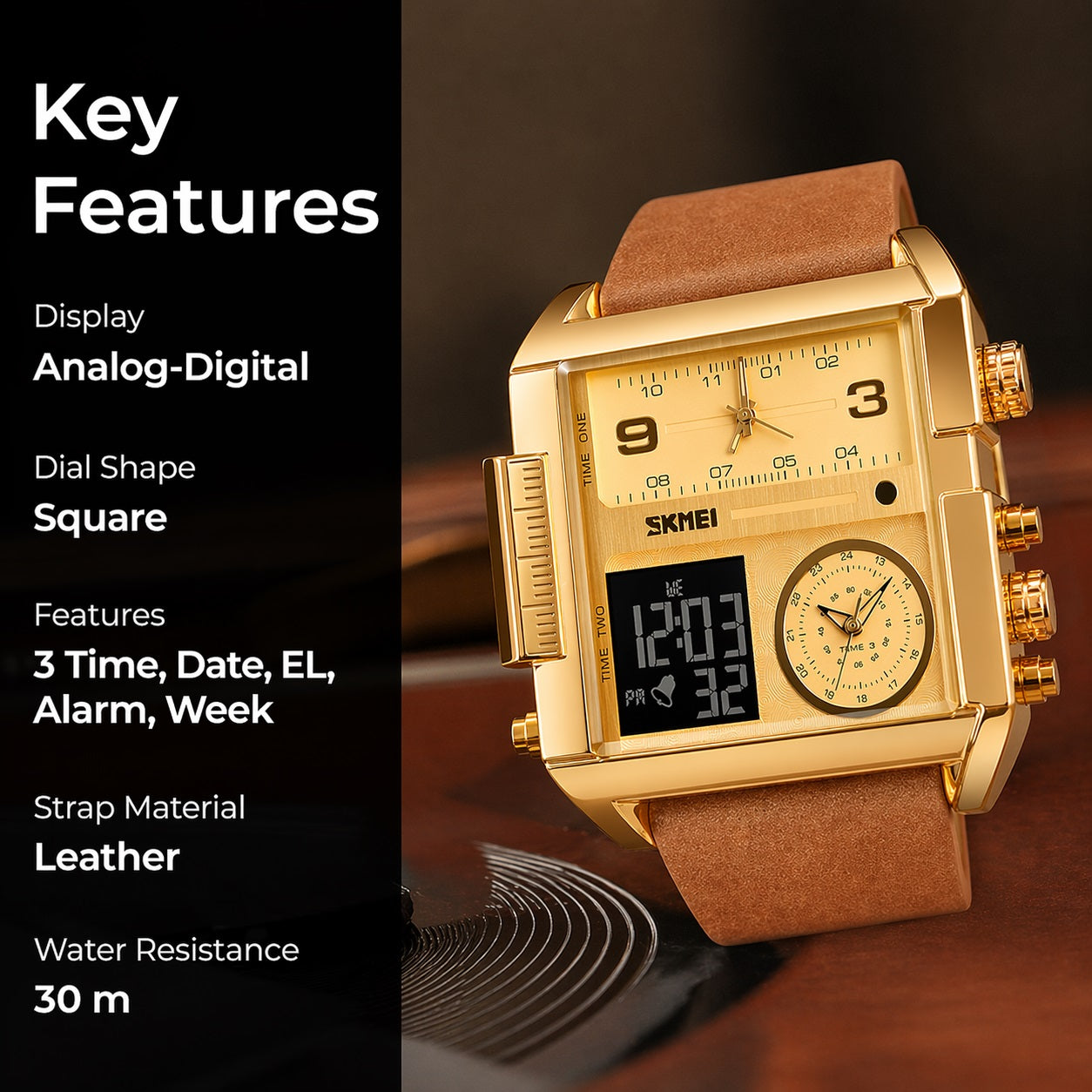 Multi Display Analog Digital Wrist Watch with Leather Strap For Men