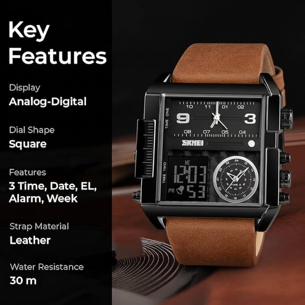 Multi Display Analog Digital Wrist Watch with Leather Strap For Men