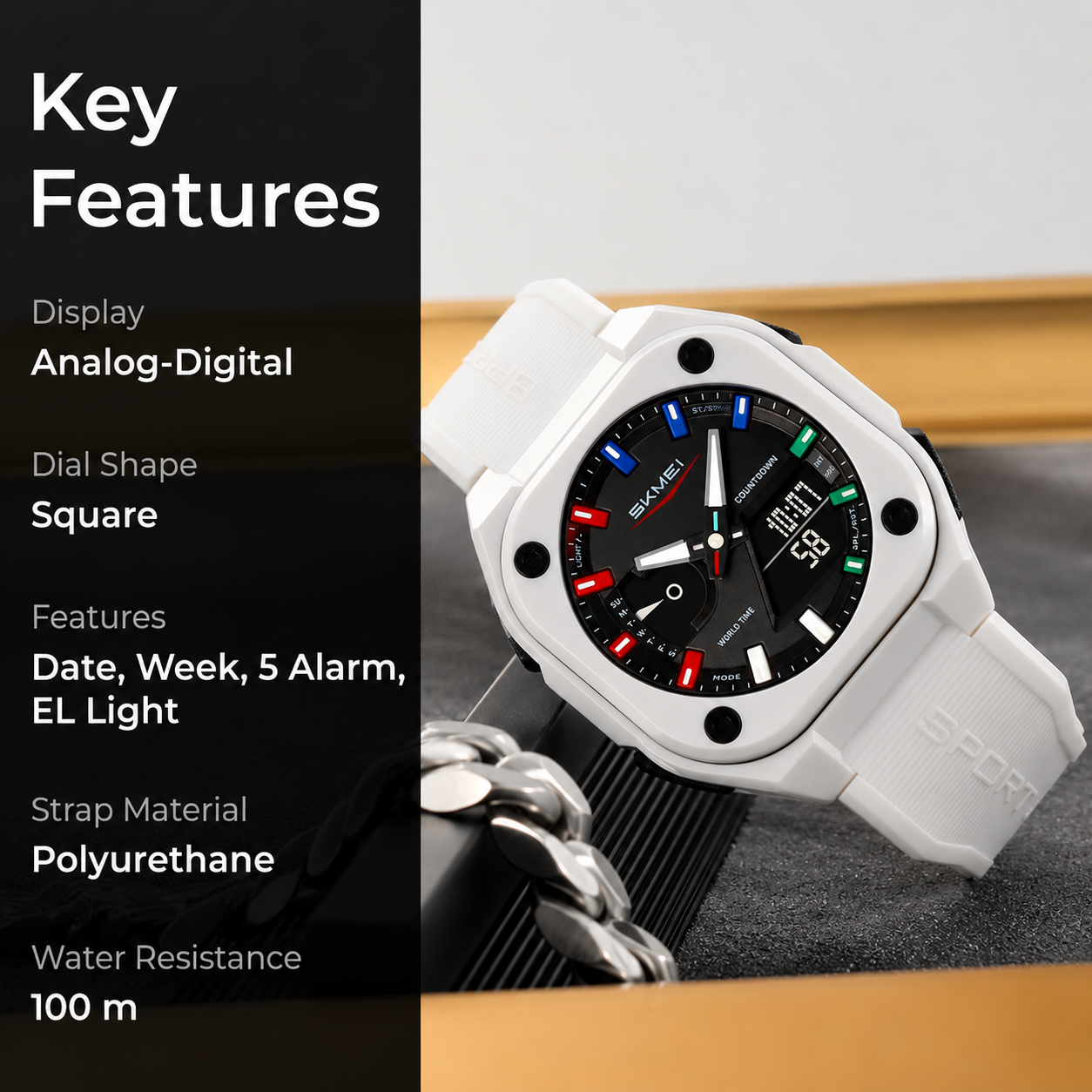 Rugged Analog Digital Sports Watch with Patterned Strap for men