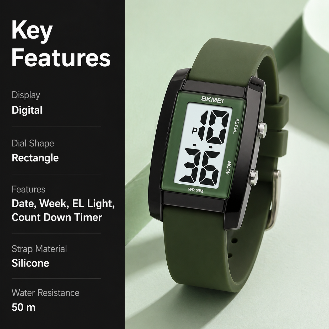 Digital Watch for Men LED Display, Rectangle Dial, Waterproof Sports Watch with Silicone Strap