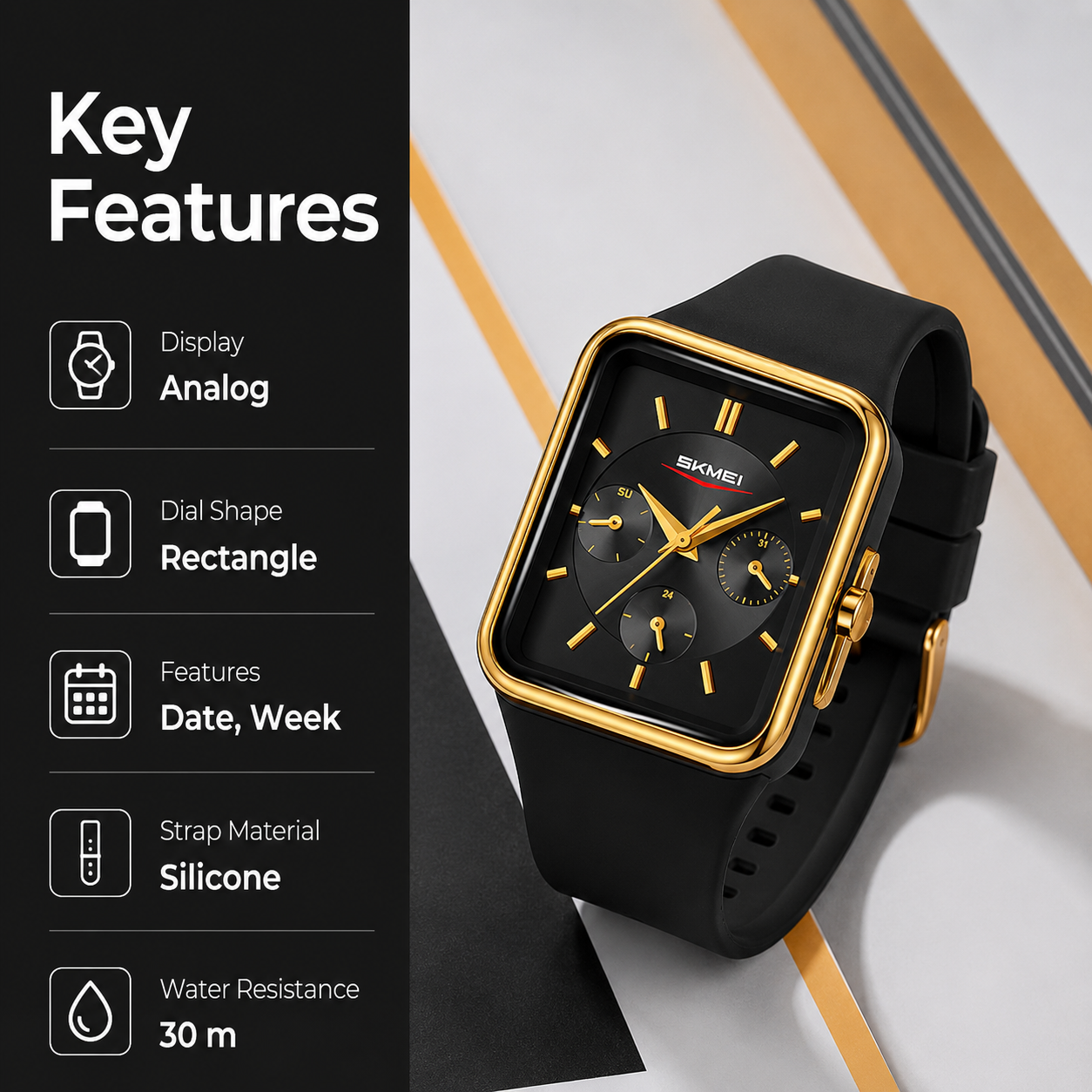 Minimalist Rectangular Analog Wrist Watch with Silicone Strap for Women