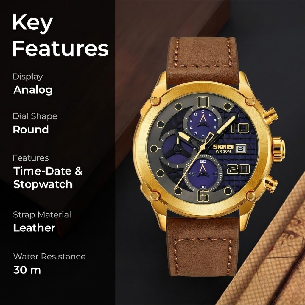Premium Leather Chronograph Wristwatch with Textured Multi-Dial