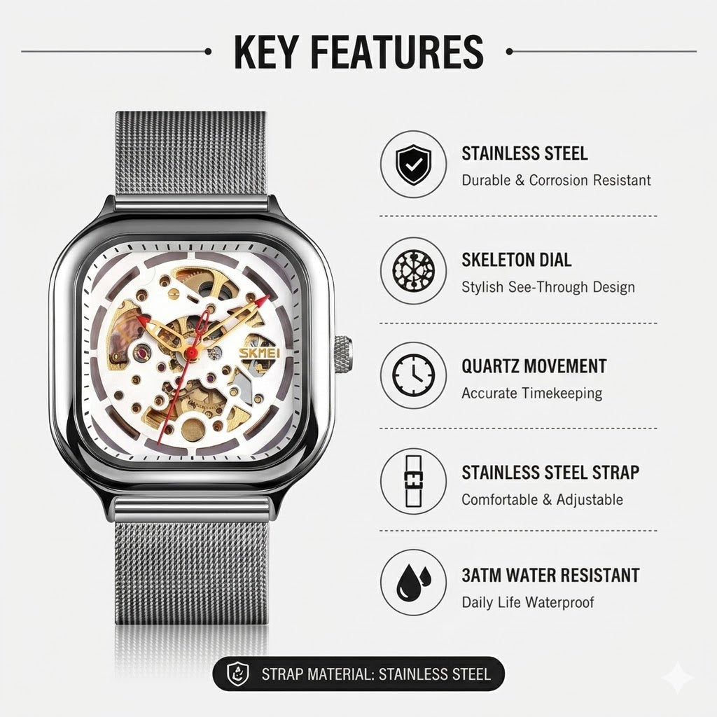 Skeleton Automatic Mechanical Watch for Men with Square Dial and Mesh Strap