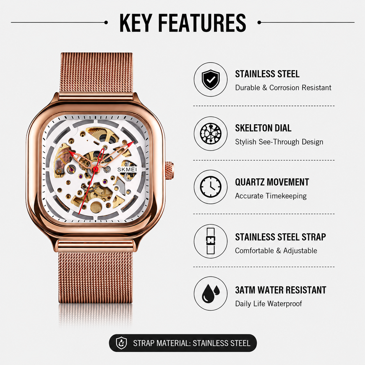 Skeleton Automatic Mechanical Watch for Men with Square Dial and Mesh Strap